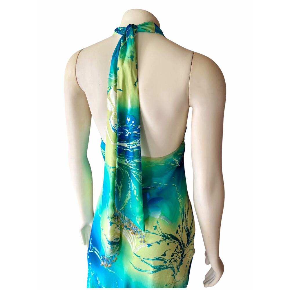 Cache Women's Size 12 Halter Dress Floral Watercolor Asymmetrical Hem Y2K - Picture 11 of 13